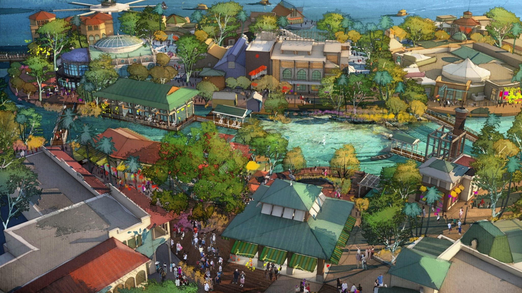 LAKE BUENA VISTA, Fla., March 12, 2013 – With a flowing spring as a centerpiece, Disney Springs will feature four outdoor neighborhoods including the two shown in an artist’s conceptual rendering. The Town Center (lower portion of the image) will offer one-of-a-kind shopping and dining experiences along a promenade while The Landing (upper portion of the image) will include inspired dining and beautiful waterfront views.